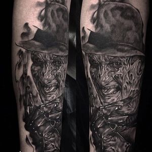 Freddy in black and grey. Tattoo by James Donovan. #realism #blackandgrey #portrait #FreddyKrueger #NightmareOnElmStreet #JamesDonovan