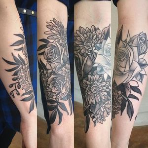 Black and grey neo traditional floral forearm tattoo by D'Lacie Jeanne. #flower #floral #botanical #D'LacieJeanne #blackandgrey #neotraditional