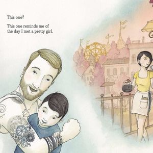 The dad from Tell Me a Tattoo Story showing his son a tattoo of a Ferris Wheel. #AlisonMcGhee #childrensbooks #ElizaWheeler #TellMeaTattooStory