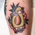 Guac 'n' roll tattoo by Josh Barg. #traditional #avocado #banner #guacamole #JoshBarg