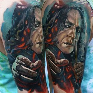Snape Tattoo by Domantas Parvainis #ColorRealism #Portrait #Realism #AmazingTattoos #HarryPotter #Snape #DomantasParvainis