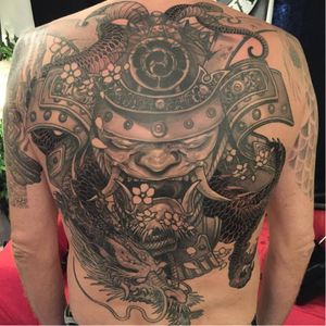 Samurai tattoo by Elvin Yong #ElvinYong #asian #contemporary #newschool #blackandgrey #samurai #hannya #dragon