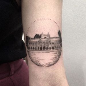 Fine palace tattoo by Mongo. #architecture #Mongo #palace #architecturetattoo #linework #dotwork #palacetattoo