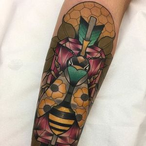 Floral wings and a gem stone flower accompany a tender bee friend, by Roger Mares. (via IG—mares_tattooist) #neotraditional #animals #creatures #quirky #rogermares