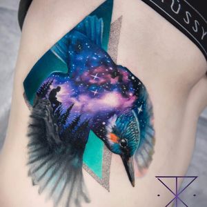Galaxy Hummingbird by Chris Rigoni #chrisrigoni #color #dotwork #realism #realistic #hyperrealism #abstract #galaxy #stars #forest #bird #hummingbird #feathers #wings #solarsystem #tattoooftheday