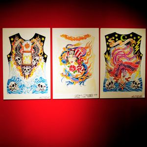 Three excellent traditional tattoo inspired pieces of art by Peter Mui. Photograph by Matt Modoono and Adam Glanzman. #artshow #fashion #fineart #Gallery360 #Japanese #Northeastern #PeterMui #traditional
