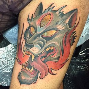 The Japanese fox beast Kitsune tattoo by David #DavidTevenal #kitsune #newjapanese #thirdeye #newschool