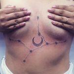 Beautiful dotwork constellation tattoo by Alex Salazar via Instagram @misionerocosmico #dotwork #dotworktattoo #moon #constellation #constellationtattoo #underboob #artistamexicano #AlexSalazar #zodiac
