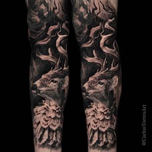 Insane black and grey deer tattoo by Carlos Torres. #carlostorres #blackandgrey