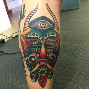 Four eyed demon head tattoo. Gruesomely awesome work by Robert Ryan. #RobertRyan #esoteric #boldtattoos #traditionaltattoos #demon #devilhead #foureyed