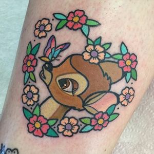 Bambi tattoo by Shell Valentine. #Shell Valentine #heart #flower #bambi #waltdisney #disney #deer #fawn