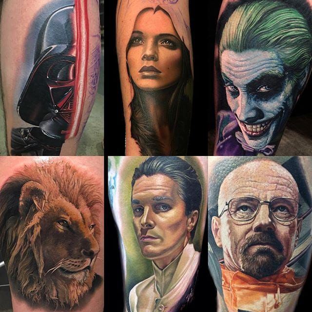 Una selección de tatuajes realistas en color de Tater Tatts.  #realismo #colorrealismo #retrato #TaterTatts #BreakingBad #león #Joker #DarthVader