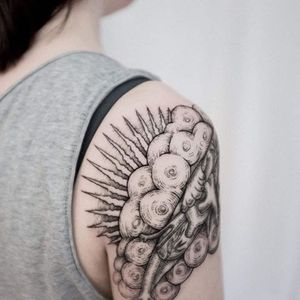 Sun and clouds tattoo by Uls Metzger. #UlsMetzger #vintage #blackwork #sun #clouds #woodcut