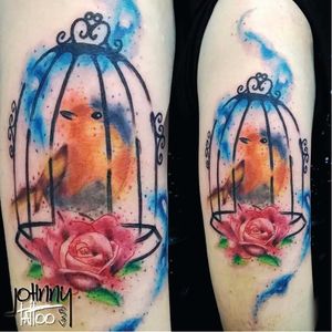 Por Johnny Piercer #JohnnyPiercer #brasil #brazil #tatuadoresdobrasil #brazilianartist #bird #passaro #ave #cage #gaiola #rosa #rose #flor #flower #watercolor #aquarela