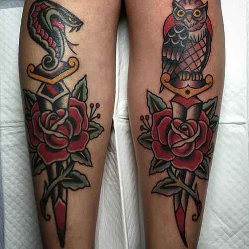 One of Andrew Mcleod's awesome matching dagger tattoos (IG—peppermintjones). #AndrewMcleod #cobra #dagger  #owl #roses #traditional