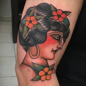 American Traditional portrait tattoo by Cécile Pagès. #CecilePages #americantraditional #woman #portrait