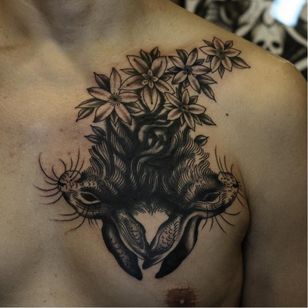 Tattoo by Franco Maldonado #FrancoMaldonado #black gray #illustrative #neutraditional #darkart #surrealistic #linework #rading # rabbit #bunny #flowers #hoves #naturaleza #animales
