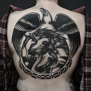 Horses Tattoo by Mike Shaw #Blackwork #BlackworkTattoos #TraditionalBlackwork #BlackworkArtists #BlackInk #OldSchoolTattoos #TraditionalTattoos #MikeShaw