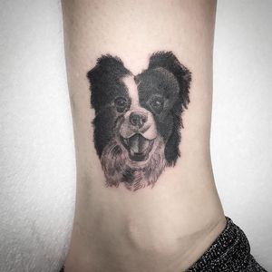 Cute pup tattoo by David Kafri #DavidKafri #petportraittattoo #blackandgrey #fineline #dotwork #singleneedle #dog #puppy #realistic #realism #illustrative #pet #animal #tattoooftheday
