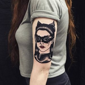 Cat Woman Tattoo by Matt Cooley #traditional #traditionalportrait #MattCooley #CatWoman
