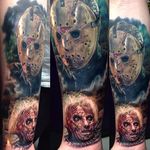 Jason Voorhees featuring his decapitated mother... Charming, right? by @paulackertattoo #PaulAcker #horror #jasonvoorhees #fridaythe13th #scary