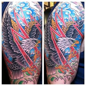 Amazing action packed eagle tattoo done by Jason Brooks. #JasonBrooks #GreatWaveTattoo #boldtattoos #TraditionalTattoo #eagle #redlightning