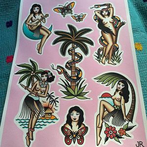 Polynesian Pinups by Jaclyn Rehe (via IG-jaclynrehe) #americantraditional #polynesian #flash #flashart #flashfriday #color #JaclynRehe #ChapelTattoo