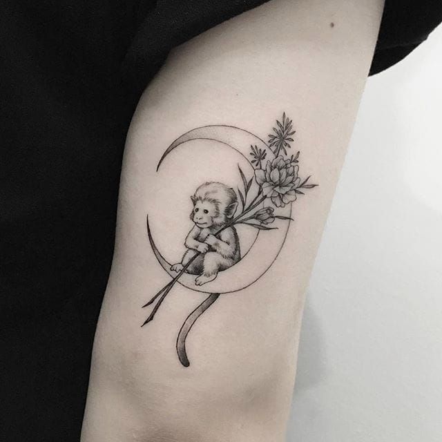 Tattoo uploaded by Xavier • Fine line monkey tattoo by Tattooer Intat.  #Intat #TattooerIntat #fineline #southkorean #monkey #crescentmoon •  Tattoodo