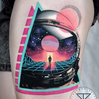 2001: A Space Odyssey tattoo by Chris Rigoni #ChrisRigoni #color #newtraditional #realism #realistic #abstract #shapes #surreal #space #astronaut #galaxy #moon #stars #planet #scifi #helmet #tattoooftheday