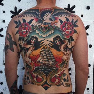 Nautical back-piece by Steve VonRiepen, made at Queen Street Tattoo. (IG- stevevonriepen) #QueenStreetTattoo #Hawaii #HawaiiTattooShop #TraditionalTattooing