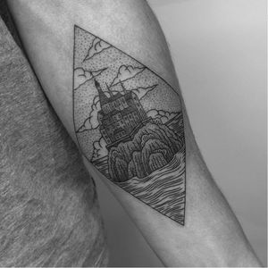 Fantasy castle tattoo by Toma Pegaz #TomaPegaz #blackwork #castle #island