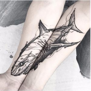 Split shark tattoo by Matteo Gallo #MatteoGallo #trashstyle #graphic #blackwork #sketch #abstract #split #shark