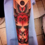 Angel tattoo by Giacomo Sei Dita #GiacomoSeiDita #traditional #redink #blackwork #redandblack #angel #wings