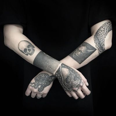 WIP sleeves by Guy Waisman #GuyWaisman #skulltattoos #blackandgrey #skull #Hannya #hannyamask #sacredgeometry #dotwork #snake #reptile #ornamental #pattern #geometric #tattoooftheday
