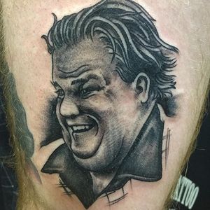 Black and grey traditional style Chris Farley portrait tattoo by Mike Emmett. #ChrisFarley #traditional #blackandgreytraditional #portrait #MikeEmmett