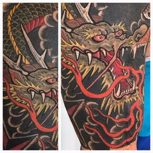 Sinister dragon by Zack Spurlock #zackspurlock #dragon #color #Japanese #fire #clouds #scales #horns #teeth #tattoooftheday