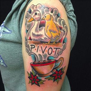 I also don't get this reference, thank God.  By Nate Corder. (via IG -- natecordertattoo) #natecorder #friends #coffee #pivot