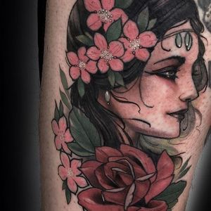 Flower woman portrait tattoo by Matt Tischler. #MattTischler #neotraditional #portrait #woman #fierce #floral #flower #flowercrown #cherryblossom