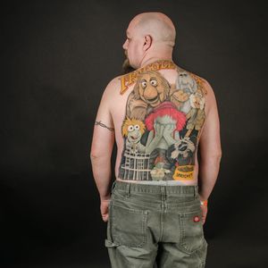 Photo by Jim Tuttle of a man with an epic Fraggle Rock back-piece. #childrensshow #FraggleRock #HBO #JimHenson #puppets #reruns