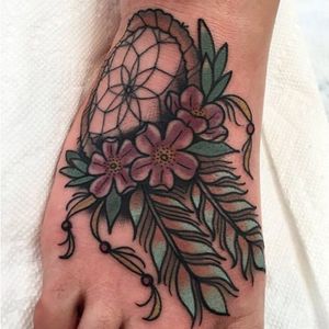 Traditional dreamcatcher foot tattoo by Chris Mesi. #dreamcatcher #popular #trend #traditional #nativeamerican