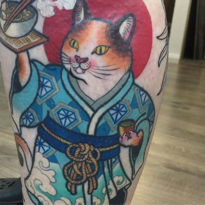 Sake Cat Tattoo by Wendy Pham #WendyPham #wenramen #color #Japanese #traditionalJapanese #newtraditional #mashup #cat #sake #kimono #pattern #diamonds #waves #kitty #monmoncat #tattoooftheday