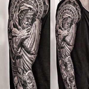 A sleeve full of Christian imagery by Lil B (IG—lilb_tattoos). #angel #blackandgrey #Christian #God #LilB #realism #religious