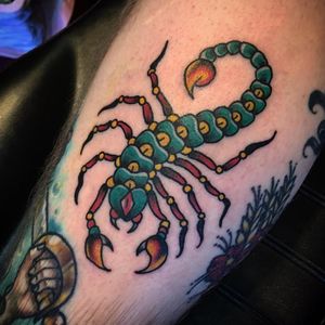 A menacing little scorpion tattoo by Brandon Swanson #BrandonSwanson #scorpion #traditional