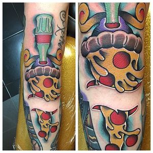 Awesome pizza dagger tattoo by Pat Bennett!  #pizza #pizzaslice #coke #color #colorful #PatBennett