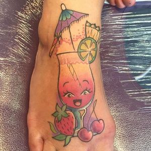 Fruit and cocktail tattoo by Hollie West. #traditional #cute #food #drink #fruit #strawberry #cherry #cocktail #HollieWest