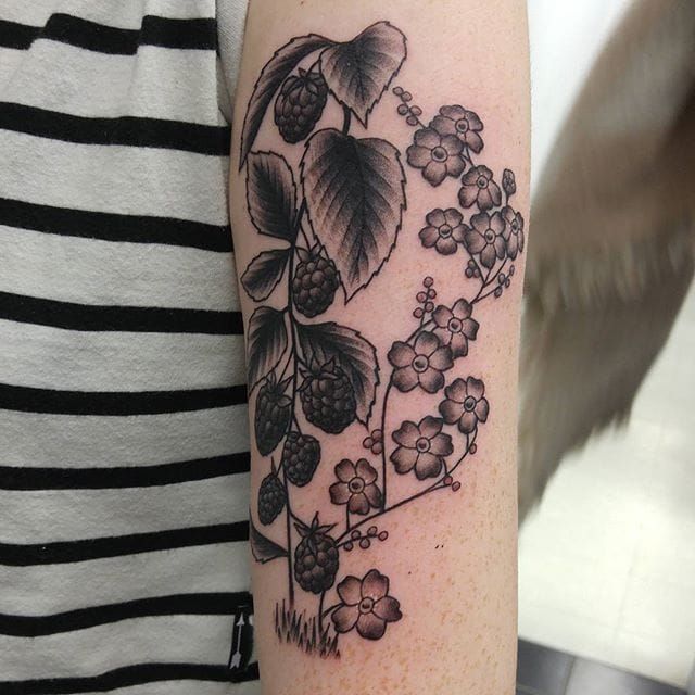 Tattoo Uploaded By Stacie Mayer A Delicate Black And Grey Fineline Raspberry And Forget Me Not Flower Tattoo By Jena Wesum Blackandgrey Raspberry Fruit Jenawesum Flower Forgetmenot Tattoodo