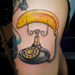 Banana Phone Tattoo by G Castro @Gcastrotattoo #Gcastrotattoo #Banana #Bananatattoo #Fruittattoo #Phone #Neotraditional #telephone #fruit