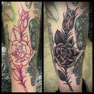 Black and Grey Rose Tattoo by Tim Hendricks #Rose #BlackandGrey #BlackandGreyRose #RoseTattoos #TimHendricks