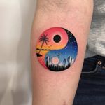 Mini vacation landscape tattoo by Daria Stahp #DariaStahp #landscapetattoo #color #watercolor #painterly #yingyang #beach #island #palmtree #sky #birds #sun #moon #waves #ocean #mountains #forest #stars #tattoooftheday
