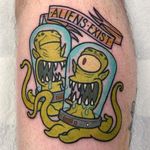 Blink 182 + Futurama tattoo by Ashley Luka #AshleyLuka #tvtattoos #color #aliens #blink182 #futurama #banner #text #quote #font #musictattoo #bandtattoo #cyclops #tentacles #newtraditional #cartoon #tattoooftheday